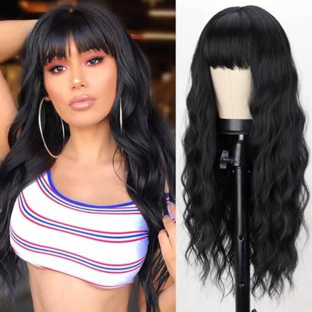 Long Wavy Black Synthetic Wig with Bangs Heat Resistant Fiber Full Hair Wig‎